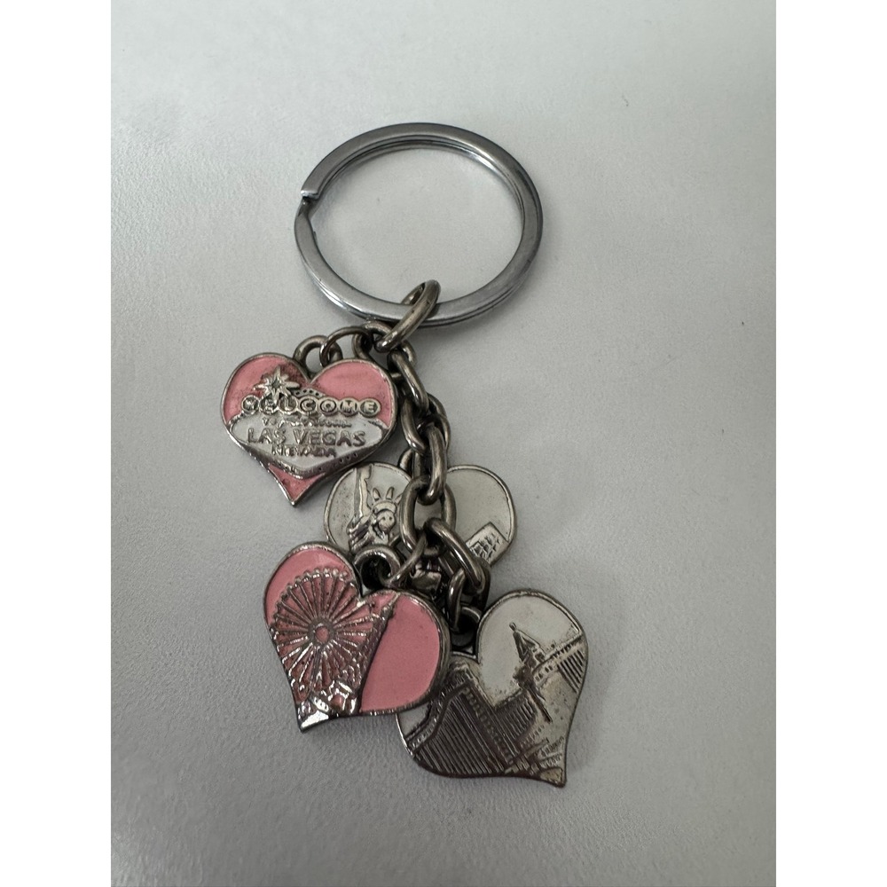 Las Vegas Souvenir Keychain Pink Heart Multi Charm I Heart LV Silver Tone Dangle